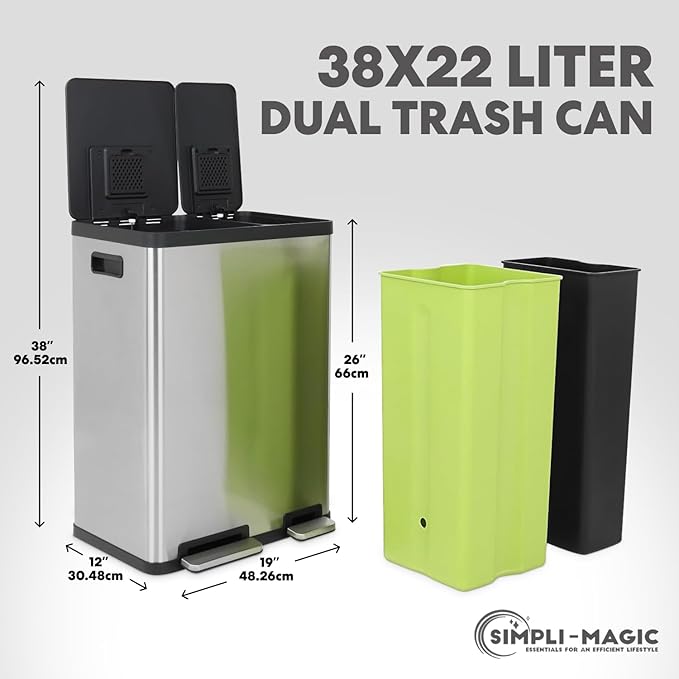60 Liter / 16 Gallon Rectangular Hands-Free Dual Compartment Recycling Kitchen Step Trash Can with Soft-Close Lid, Brushed Stainless Steel (38L x 22L Capacity)