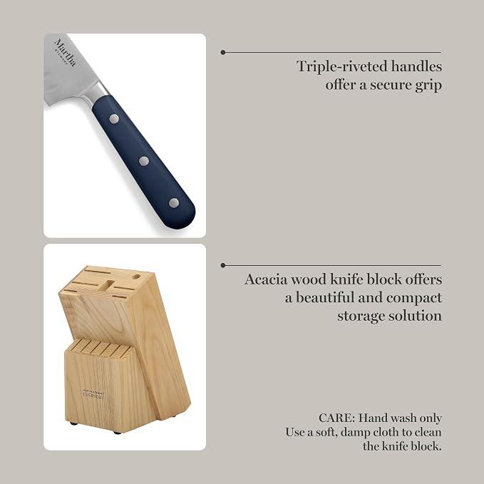 MARTHA STEWART Eastwalk 14 Piece High Carbon Staineless Steel Cutlery Set w/ABS Triple Riveted Forged Handle Acacia Wood Block - Navy Blue