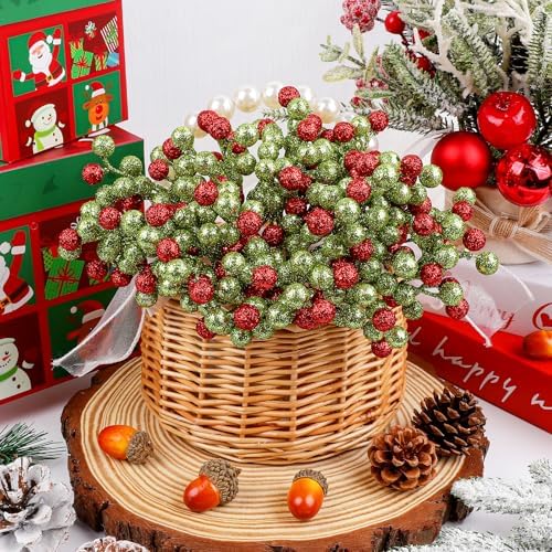 Fangoo 20 Pack 7 Inch Artificial Green Red Berry Picks for Christmas Tree