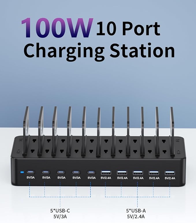 100W Charging Station for Multiple Devices, 10-Port USB Fast Charging Station with Adjustable Dividers & 10 Cables- Multi Device Organizer Charging Dock for iPhone, iPad, Tablets & More(Black)