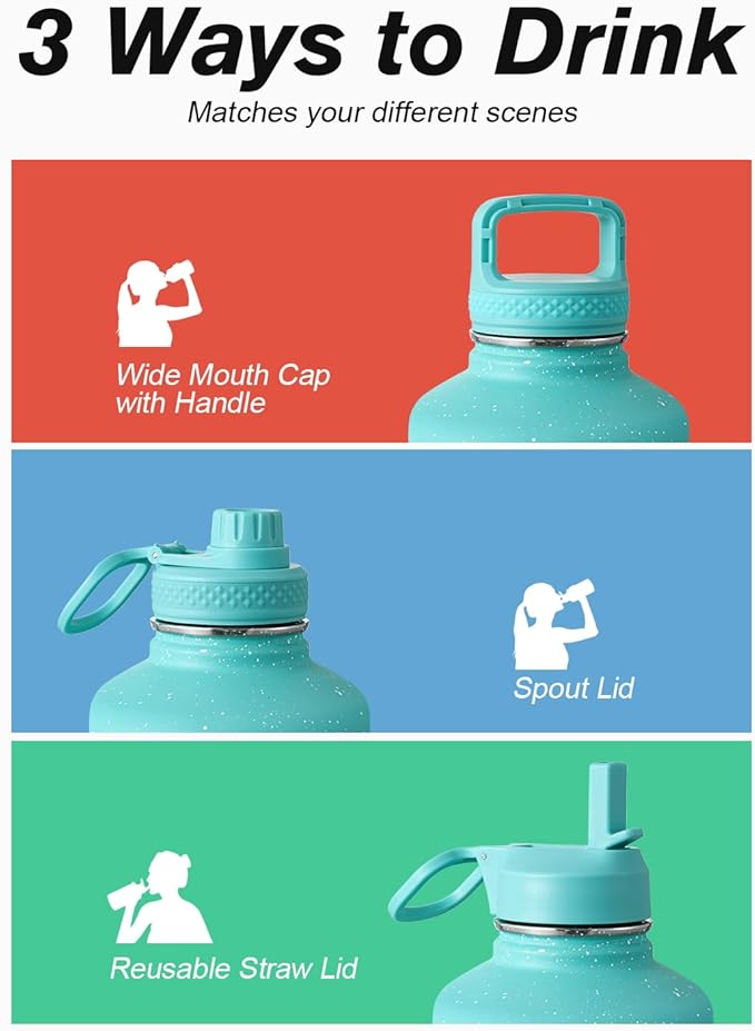 64 oz Water Bottle Insulated with Straw&3 Lids, Coolflask Half Gallon Water Jug Galaxy Large Metal Stainless Steel Vacuum Flask for Gym, Sports, Keep Cold 48H Hot 24H, Glacier Blue