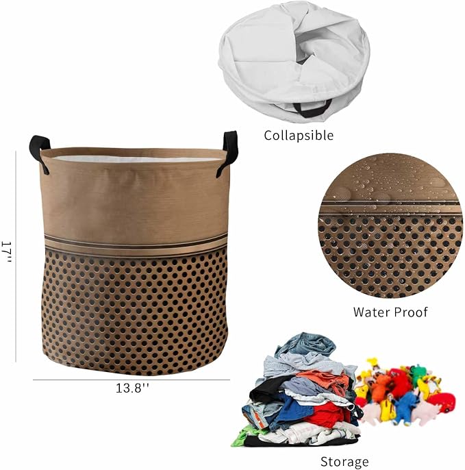 Collapsible Laundry Basket 42L, Brown Metal Hole Storage Bin Laundry Hamper with Handles, Modern Copper Net Eye Hole Pattern Waterproof Clothes Baskets for Bathroom/Bedroom 13.8 x 17 In
