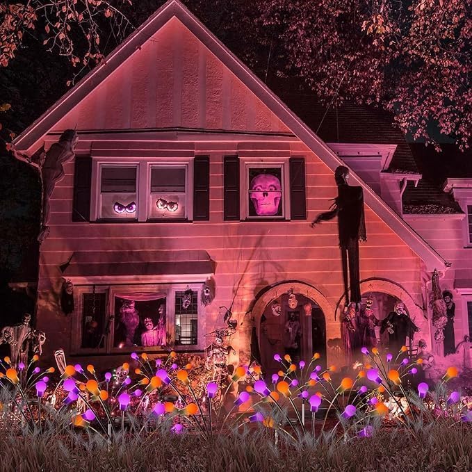 OZS 6Pack 48LED Solar Firefly Halloween Lights Outdoor for Party Decor | Purple Orange Lights for Halloween Decorations, Swaying Firefly Effect, IP65 Waterproof, 2 Modes for Path Garden Yard