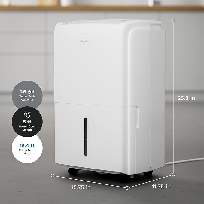 hOmeLabs Dehumidifier 6,000 Sq Ft Rooms (40 Pint MAX 104 Pint at 95°F, 90% RH) with Pump for Home, Office, Basements with Powerful Moisture Removal, Humidity Control, Auto Shut-off, Quiet Operation