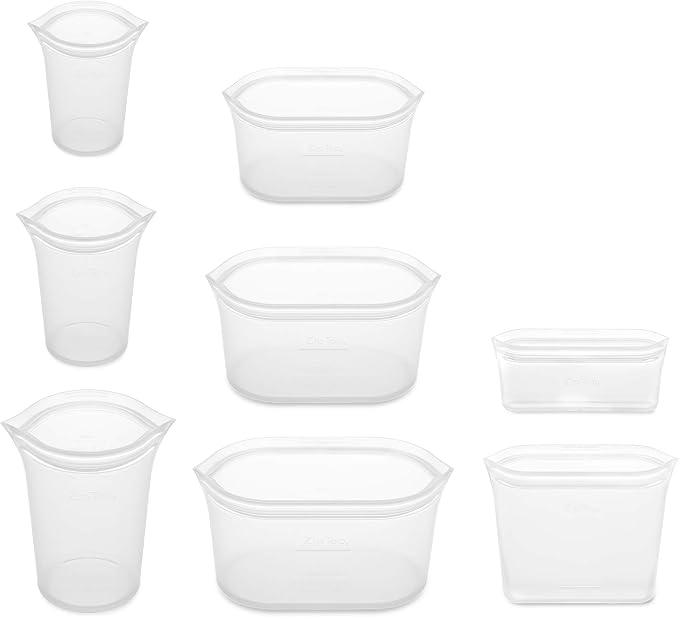 Zip Top Reusable Food Storage Containers Full Set of 8 Frost – Platinum Silicone Cups, Dishes & Bags – Microwave, Dishwasher & Freezer Safe – Made in USA, BPA-Free