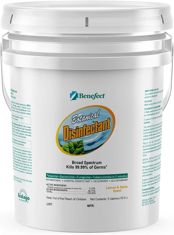 Benefect Botanical Broad Spectrum Disinfectant, 5 Gallon, Lemon & Spice Scent, Hospital Grade Disinfectant & Tuberculocide, Kills Over 99.99% of Germs, No Rinsing or Wiping Required