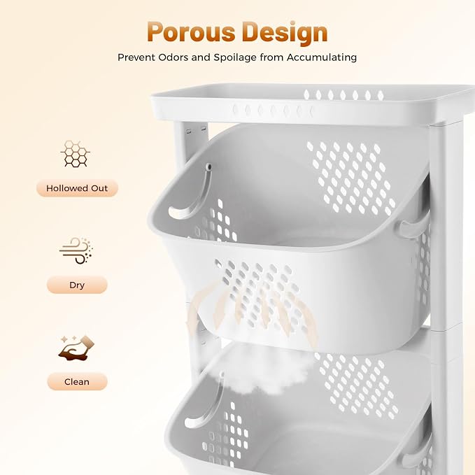3 Tier Rolling Laundry Hamper Large Capacity Clothes Storage Basket Sorter Cart,White Organizer Shelf with Handle,Household Utility Basket for Bathroom Bedroom Kitchen Laundry Room