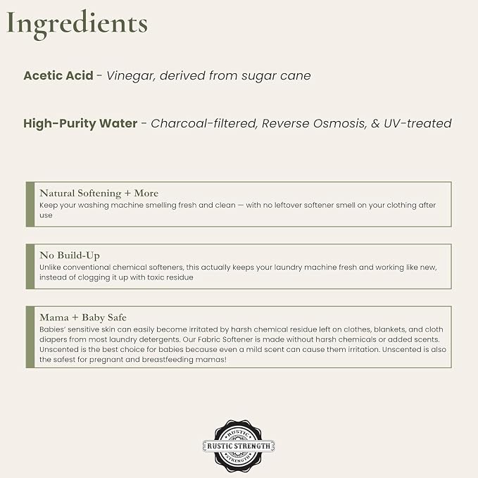 Rustic Strength Unscented Fabric Softener, Plant Based, Gallon Plastic | Softens fabrics naturally with no harsh chemicals,No unnecessary additives,dyes, or fillers,Works in all machines