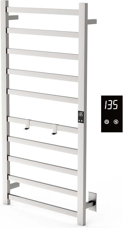 Topdattion Electric Towel Warmer | Super Thin | with Timer & Temperature Multi-Level Adjustments | Hardwired & Plug-in | 10 Bar Brushed Finish