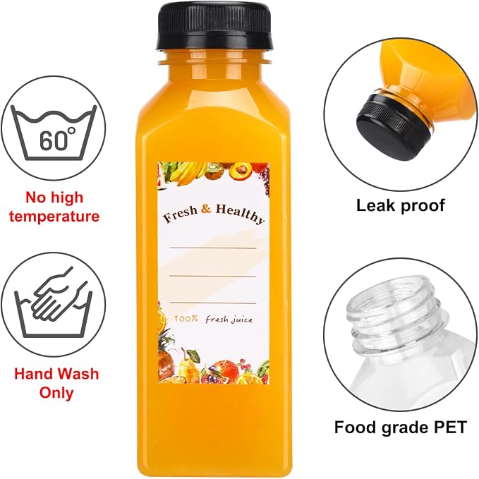 Moretoes 56pcs 12oz Juice Bottles with Caps, Plastic Bottles with Brush Funnel and Labels for Juice and Other Beverages