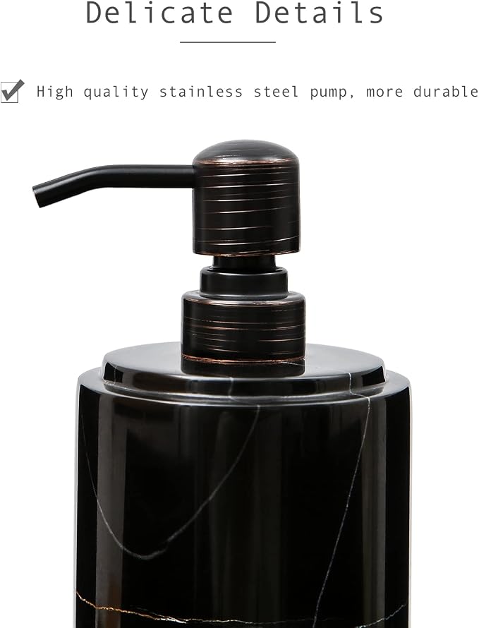 JIMEI Black Marble Soap Dispenser Hand or Dish for Bathroom & Kitchen | Decorative Natural Stone Liquid Soap/Lotion Dispenser - Stainless Steel Soap Dispenser Easy-Glide Pump - Refillable