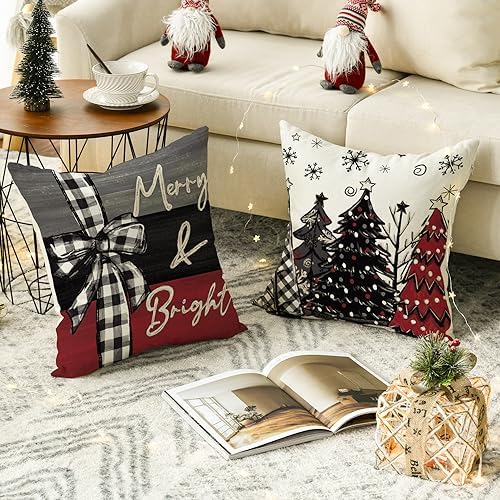 AVOIN colorlife Merry Christmas Joy Xmas Trees Red Throw Pillow Covers, 18 x 18 Inch Christmas Winter Holiday Cushion Case Decoration for Sofa Couch Set of 4