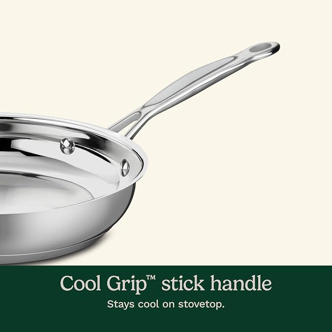 Cuisinart 8-Inch Open Skillet, Stainless Steel Skillet, Large Kitchen Pan, Dishwasher Safe, Compatible with Induction, Electric, Gas Cooktops, Oven Safe Saucepan, Cool Grip Handles