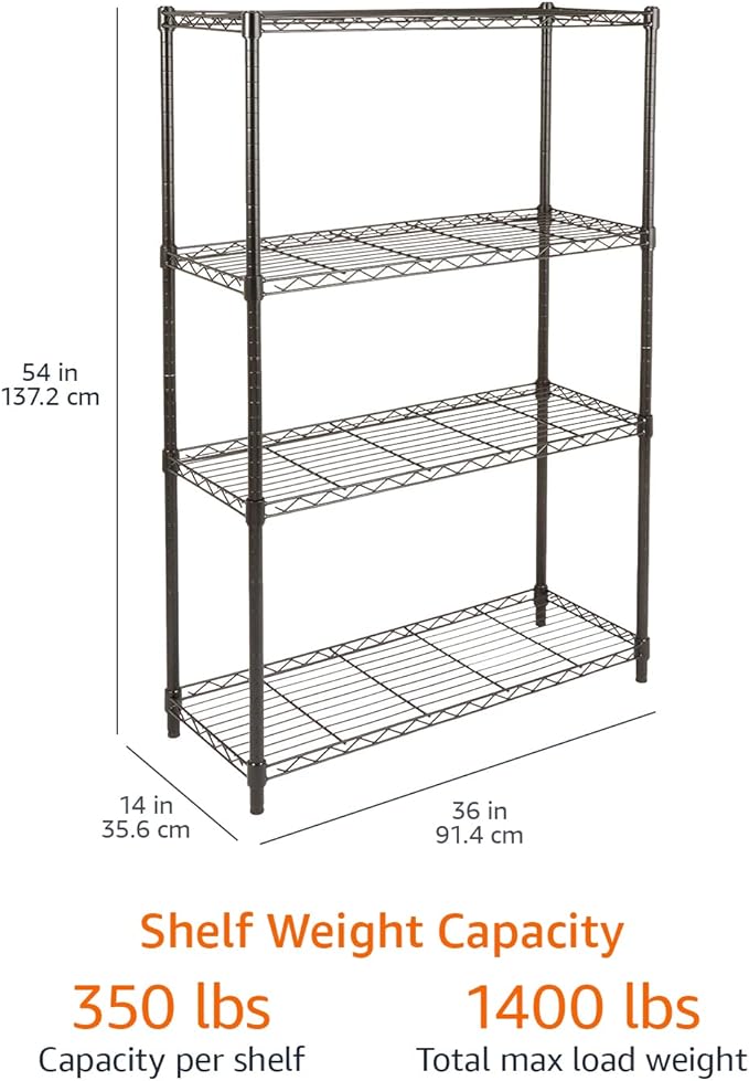Amazon Basics 4-Shelf Adjustable Heavy Duty Steel Wire Rack Storage Shelving, Sturdy Garage Shelving, 350 lbs Capacity Per Shelf, Easy No-Tool Assembly, 36" x 14" x 54", Black