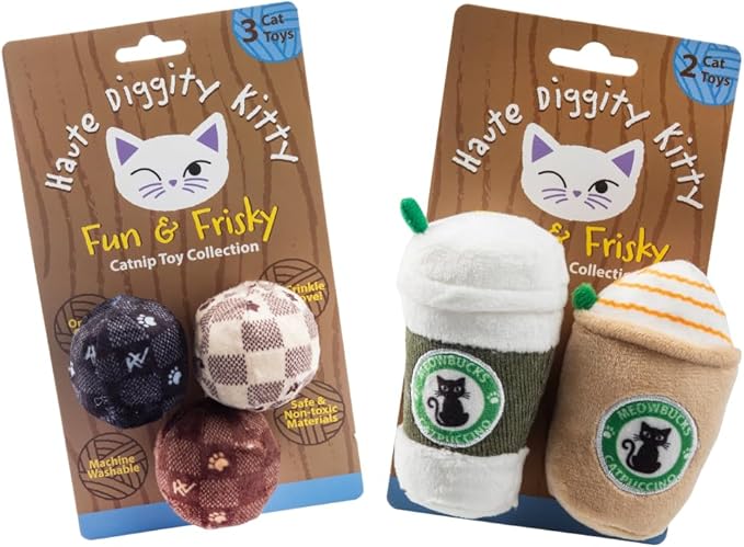Haute Diggity Kitty Vuiton Checker Balls + Meowbucks Catpuccino Set, Plush Cat Toys Catnip Filled with Interactive Crackle Sound, Safe & Durable Toys for Cat & Kitten, 5 Pcs