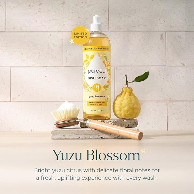 Puracy Natural Dish Soap - Skin-Softening Dishwashing Soap, Non-Toxic Dish Soap, Organic Liquid Dishwashing Detergent Soap, Coconut-Derived Cleanser (Yuzu Blossom, 16 fl oz, 3 Pack)