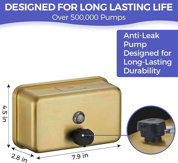 Stardrix Brushed Gold Stainless Steel Horizontal 1100ml/37oz Capacity Commercial-Grade Soap Dispenser, Wall-Mounted Bathroom Hand Soap Dispenser with Corrosion-Proof Lining and Anti-Leak Pump