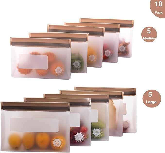 Reusable Food Storage Bags – 10-Pack Stand-Up, BPA-Free, Freezer, Dishwasher Safe, & Eco-Friendly – 5 L, 5 M Bags – Airtight Leakproof Sandwich, Snack, Travel & Make-Up baggies (Grey)