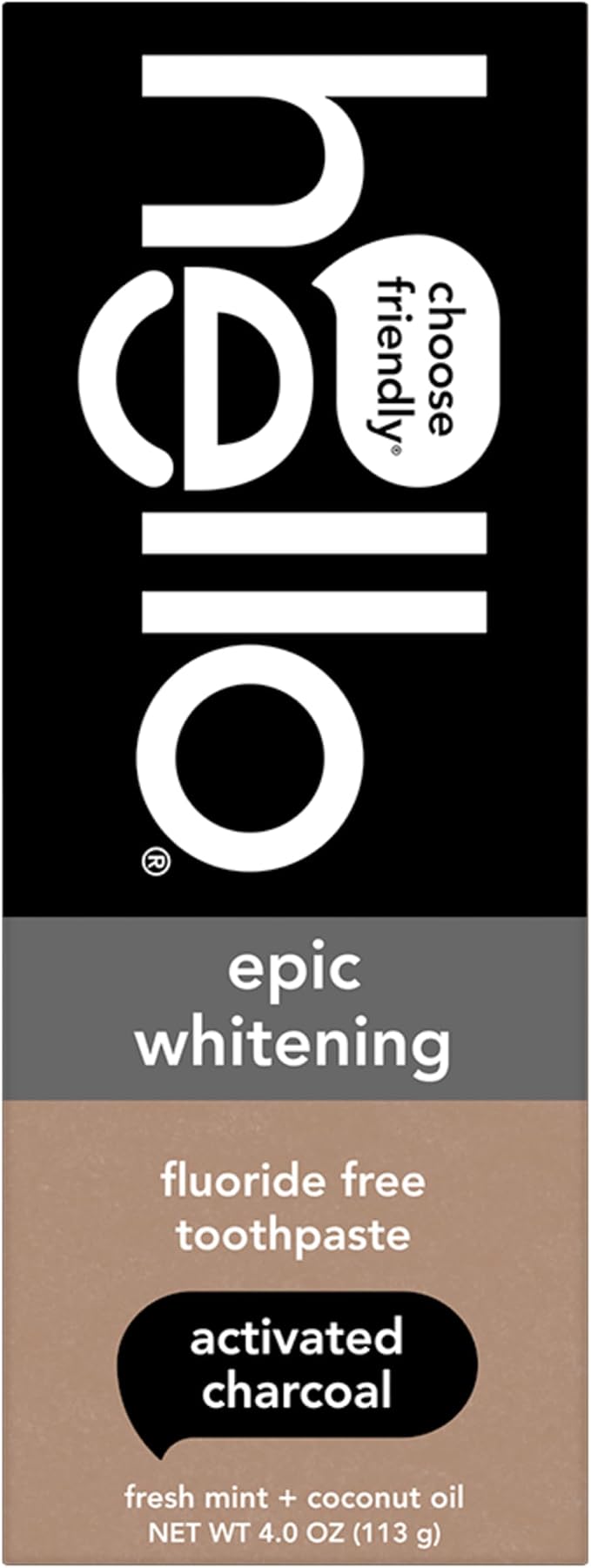 hello Epic Whitening Activated Charcoal Toothpaste, 4 oz | Fluoride Free, Fresh Mint and Coconut Oil, Whitens Teeth Naturally, Enamel Safe, Vegan, SLS Free, Dye Free