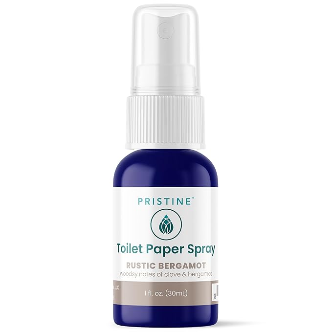 PRISTINE Toilet Paper Spray, As Seen on Shark Tank, Flushable Wipe Alternative, Personal Cleansing Bathroom Spray for Regular Toilet Tissue, Bidet Alternative, Made in USA, Rustic Bergamot, 1oz Travel