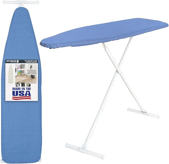 Full Size Ironing Board with Cover & Pad – Made in USA by Seymour Home Products Adjustable Steel T-Legs, 35" High Perforated Top for Steam Durable Iron Board for Home, Laundry Room (Dark Blue)