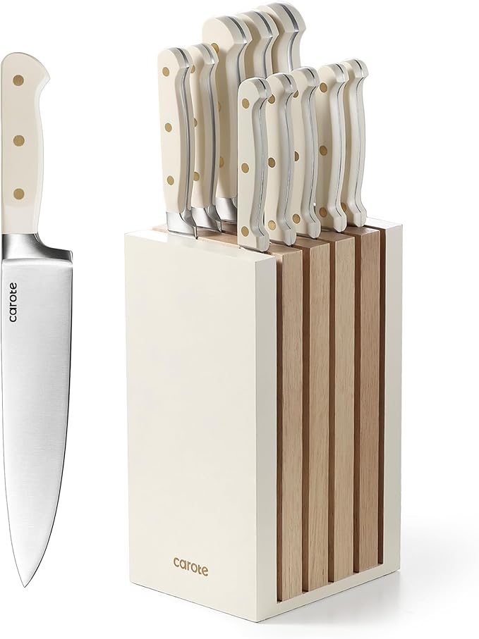 CAROTE 11-Piece Kitchen Knife Set with Magnetic Wood Block, Beige | Razor-Sharp Stainless Steel Knives, Long-Lasting Sharpness, Rust-Resistant, Triple-Riveted Ergonomic Non-Slip Handles