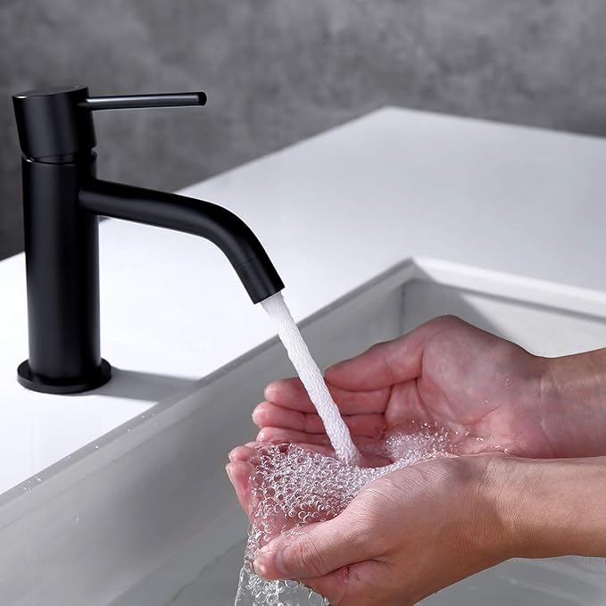 Single Hole Matte Black Bathroom Faucet with Pop Up Drain Assembly and Faucet Supply Hose, JXMMP Single Handle Lavatory Faucets for Sink, Black Sink Faucet Bathroom