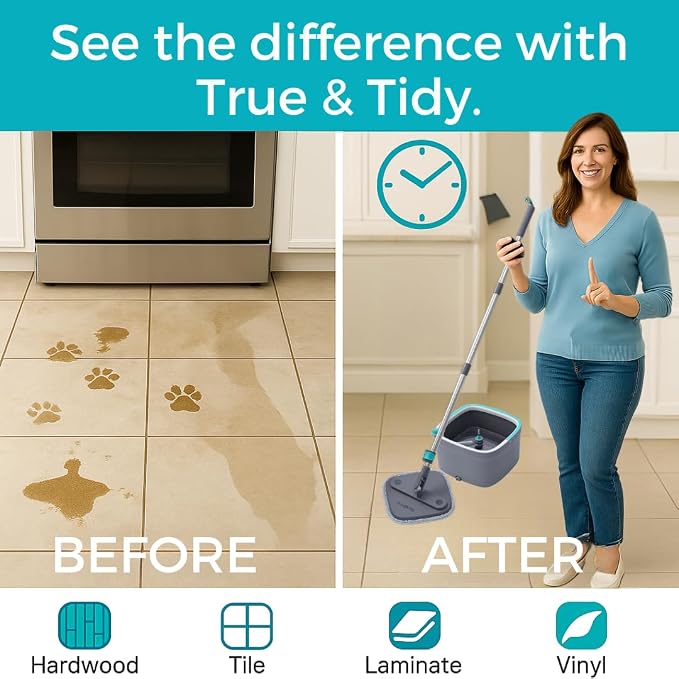 True & Tidy Square Spin Mop & Bucket System w/ 2pc Machine Washable Pads