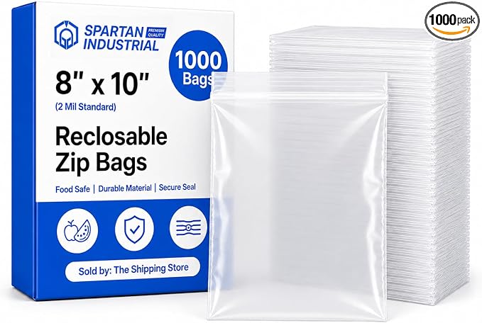 Spartan Industrial - 8” X 10” (1000 Count) Quart Clear Reclosable Zip Plastic Poly Bags with Resealable Lock Seal Zipper - 2 Mil