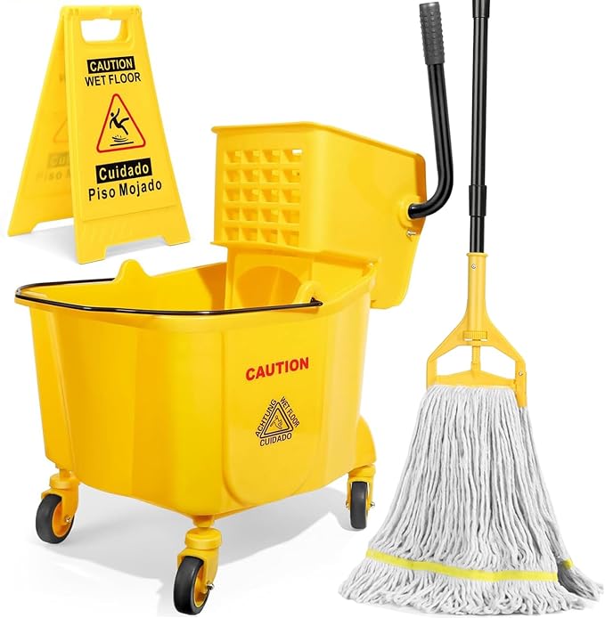 35 Qt Commercial Mop Bucket with Side Press Wringer on Wheels Set | Including 35 Quart Industrial Mop Bucket |1 Commercial Mop |1 Wet Floor Caution Sign | Yellow