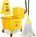 35 Qt Commercial Mop Bucket with Side Press Wringer on Wheels Set | Including 35 Quart Industrial Mop Bucket |1 Commercial Mop |1 Wet Floor Caution Sign | Yellow