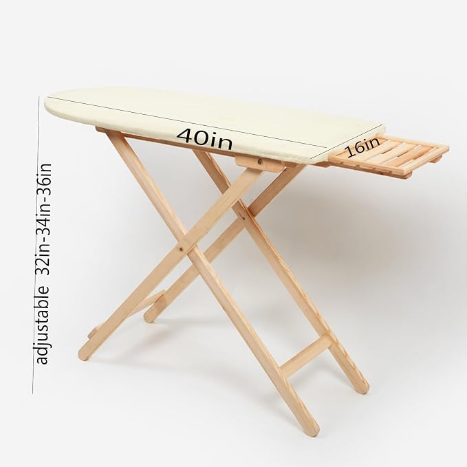 Premium Solid Wood Ironing Board with Foam Pad & Cotton Cover, Adjustable Height for Home Use(White)