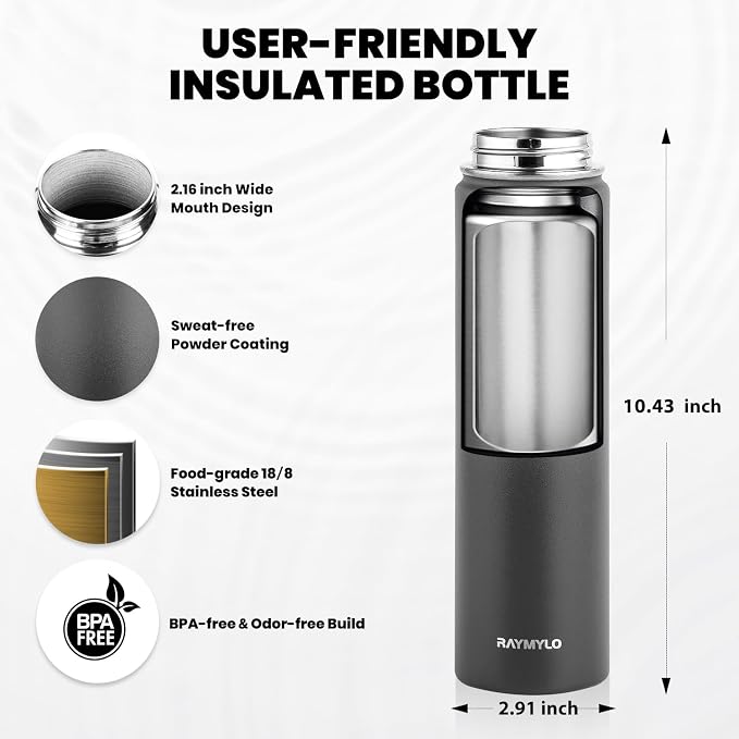 RAYMYLO Insulated Water Bottle 24 oz, Triple Wall Vacuum Stainless Steel (Cold for 24Hrs, Hot for 12Hrs), Leak Proof & Non-BPA, Modern Water Flask Jug with Paracord Handle & Straw Spout Lids