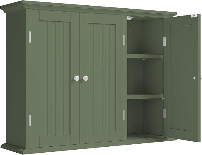 ChooChoo Bathroom Wall Cabinet with 3 Doors, Laundry Cabinet Wall Mounted, Medicine Cabinet with Adjustable Shelves, Hanging Kitchen Cupboard Organizer, Green