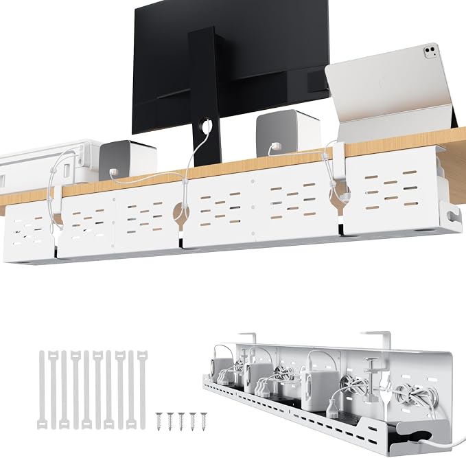Univivi Under Desk Cable Management Tray - 48" Steel Cord Organizer, No-Drill C-Clamp & Screw Mount for Office/Home, Effortless Wire Management (White)