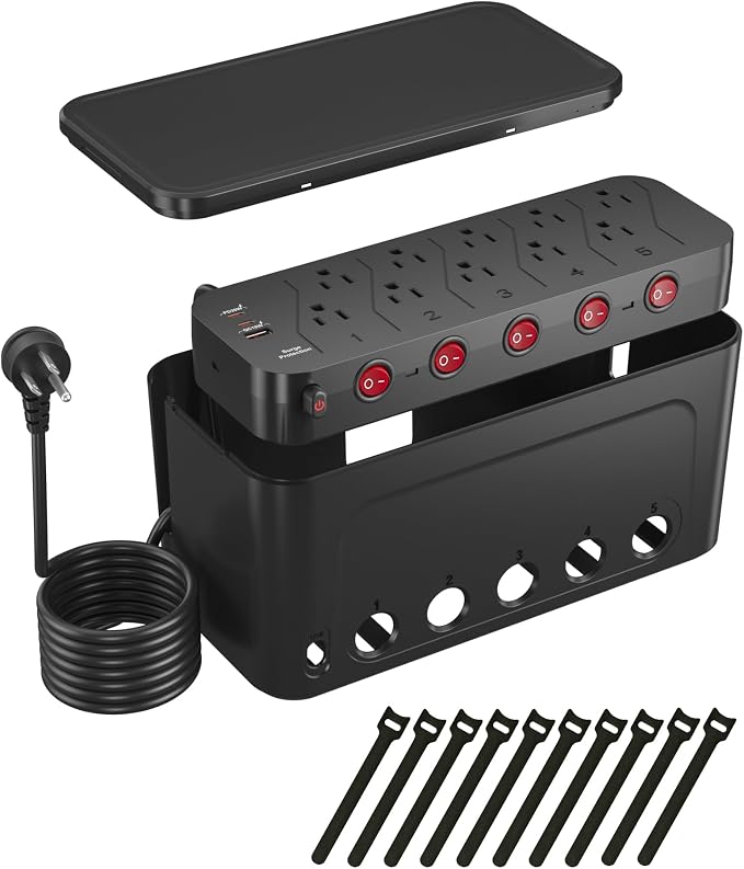 Power Strip with Cable Management Box,Surge Protector 10 AC and 3 USB Ports,6 ft Flat Plug Extension Cord,Outlet Hider Fast Charging Station,Desk Cord Organizer Box and Cover,Hidden Long Wire,Black