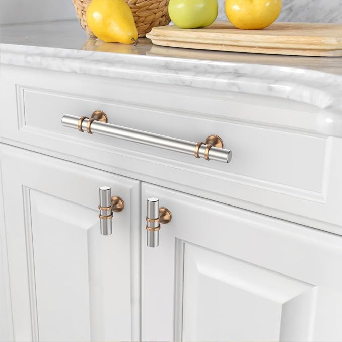 Asidrama 6 Pack 5 Inch(128mm) Brushed Satin Nickel and Champagne Bronze Cabinet Pulls Heavy-Duty Solid Kitchen Cabinet Handles Vintage Aged Brass Drawer Hardware for Cupboard