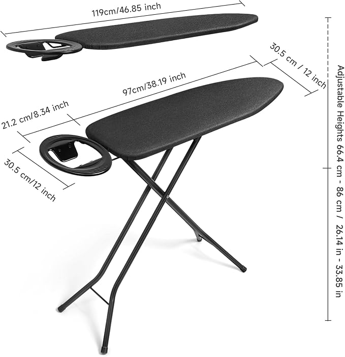 Duwee 12"x38" Ironing Board Full Size with Heat Resistant Cover,Black | 10mm Thicken Double Layers Feltpad and Foam, Folding Compact Iron Board, Heavy Sturdy Legs, Easy to Storage