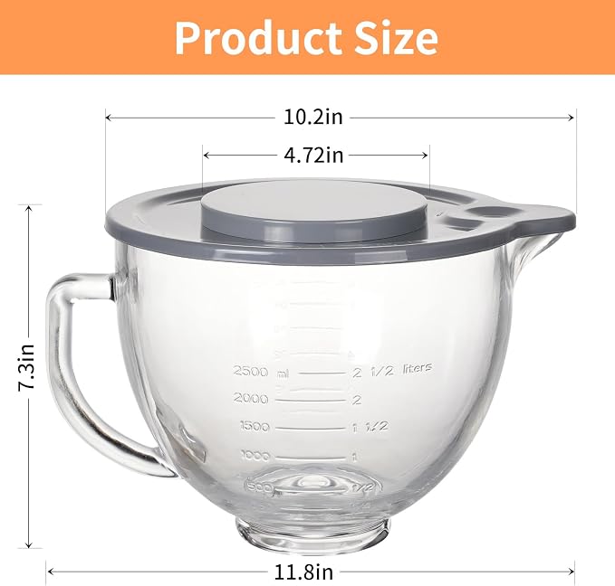 XINBOOG 5QT Glass Bowl Compatible with KitchenAid 4.5-5 QT Tilt Stand Mixer | 5Qt Glass Mixing Bowl Replacement with Lid, with Measurement Markings & Handle