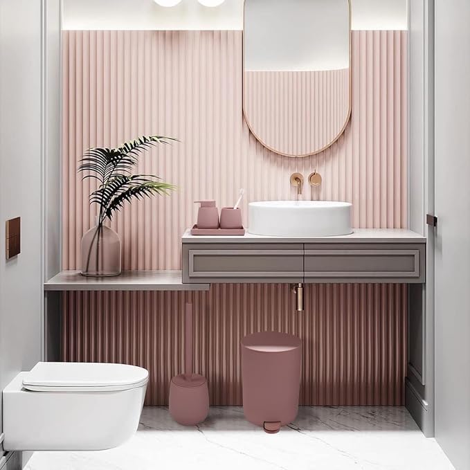 GAHEFY Pink Bathroom Accessories Set with Small Trash Can 3 Liter/0.8 Gallon,Toothbrush Holder,Soap Dispenser,Vanity Tray,Toilet Brush and Holder Pink 5PCS