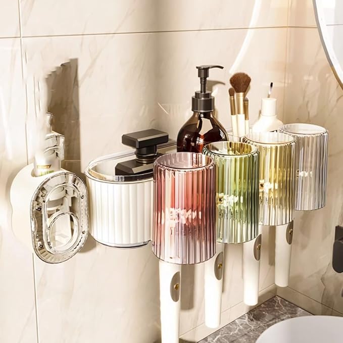 Toothbrush Rack Tooth Cup Toothbrush Shelf Rack Tooth Brushing Cup Wall Hanging Family Mouthwash Cup Toothware Hanging Rack Free Punch Washing Table Bathroom Toothbrush Holder