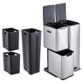 16 Gal Recycle Bins for Kitchen, Triple Compartment Garbage Can with Lid, Stainless Steel Trash and Recycling Bin Combo with Inner Bucket & Foldable Foot Pedal for Home Office, Silver