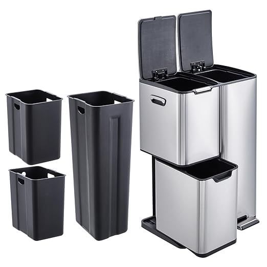 16 Gal Recycle Bins for Kitchen, Triple Compartment Garbage Can with Lid, Stainless Steel Trash and Recycling Bin Combo with Inner Bucket & Foldable Foot Pedal for Home Office, Silver