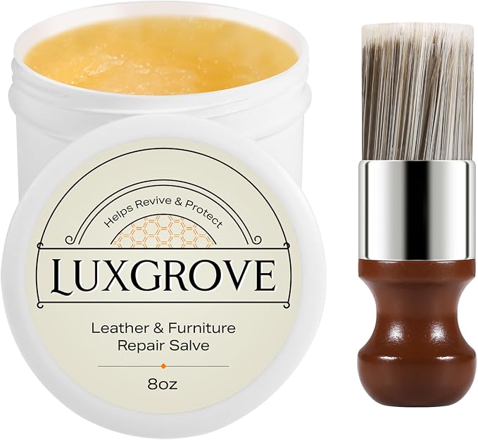 LUXGROVE® Wood & Leather Furniture Repair Salve with Brush, Conditioner & Polish for Couches, Car Seats, Tables, Cabinets, Shoes, Purses, Boots & Saddles, Helps Revive Dry, Dull & Scuffed Surfaces,8oz