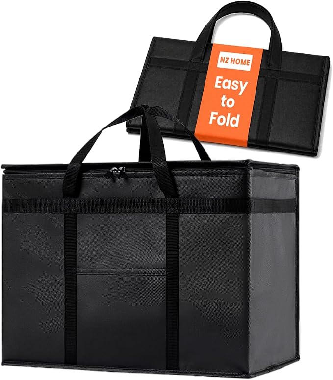 Insulated Food Bag, Portable Cooler Tote (XL Plus, Black, 1 Pack) | Large thermal bag, For cold & hot food, Soft sided cooler, Heavy duty carrier, Grocery shopping, Food delivery, Catering bag