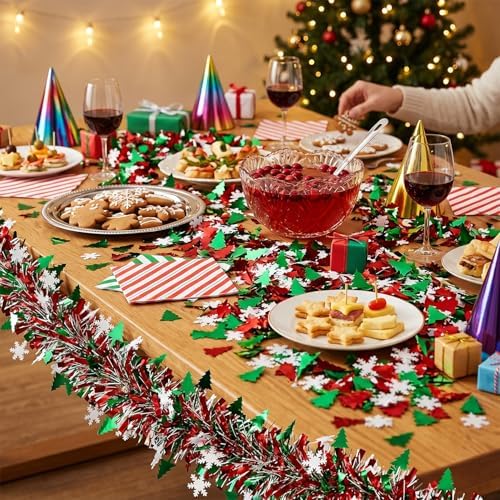 50 Feet Green Red Christmas Metallic Tinsel Twist Hanging Garland with Snowflake Xmas Tree for Home Mantle Xmas Tree Staircase Railing New Year Holiday Party Indoor Outdoor Decorations