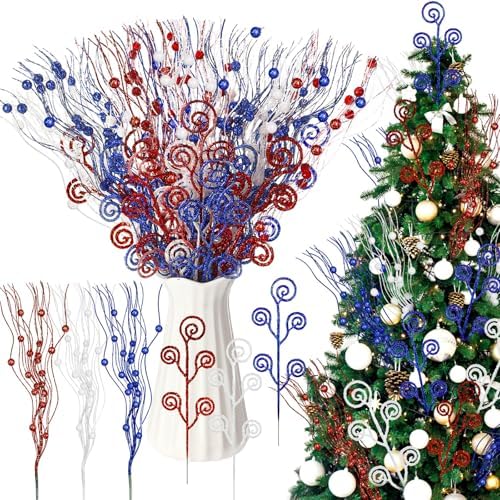 Daifunli 36 Pcs Christmas Tree Pick Spray Ornament, Red Blue, 17'' 12''