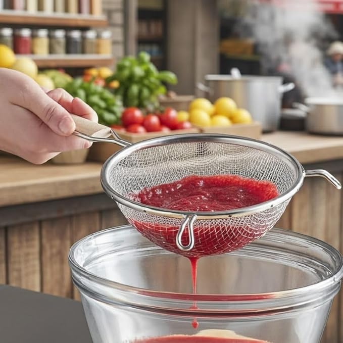 Soro Essentials- 6" Double Tinned Coarse Mesh Strainer with Pan Hooks Wooden Handle- Food Sieve Strainer Kitchen Mesh Strainer Utensil for Cooking Rice Quinoa Pasta Fruits Vegetable Home Kitchen