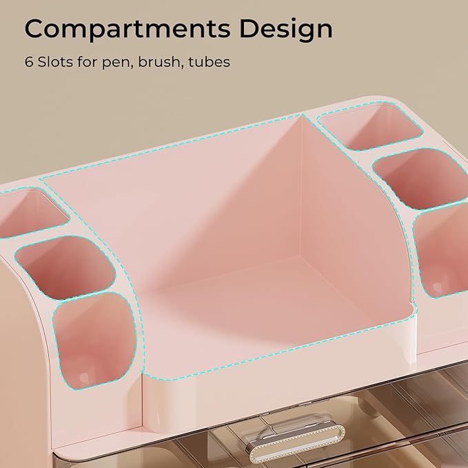 UFORU Makeup Organizer for Vanity with 2 Large Drawers, Cosmetic Display Case with Brush Holders, Easy to Storage for Bathroom Countertop Skincare, Perfume, Pink