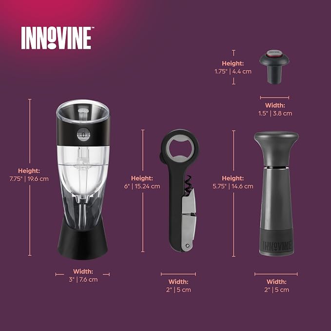 Innovine Red Wine Pro 4-Piece Wine Tool Gift Set – Adjustable Wine Aerator with Stand, Double-Hinged Corkscrew & Vacuum Wine Saver with Stopper – Complete Red Wine Opening, Aeration & Preservation Kit